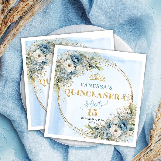 Pastel Blue Boho Floral Gold Glitter 15th Birthday スタンダードカクテルナプキン