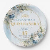 Pastel Blue Boho Floral Gold Glitter Quinceañera  ペーパープレート (正面)