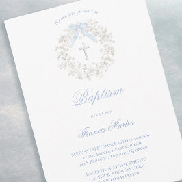 pastel blue bow baby's breath wreath Baptism 招待状