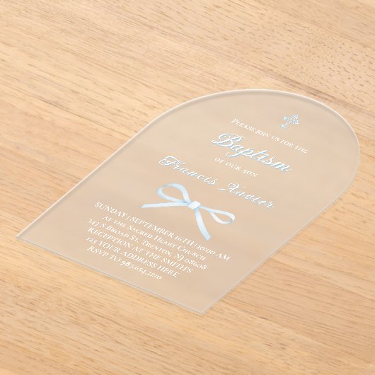 pastel blue bow Baptism アクリル招待状 (レイダウン)