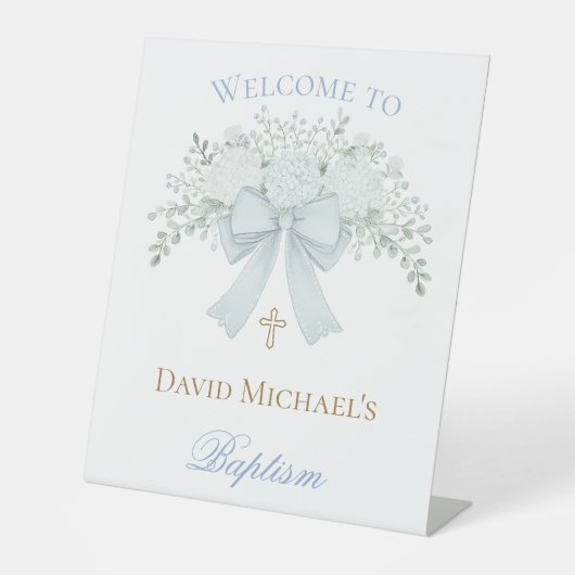 pastel blue bow Baptism welcome sign 台座サイン (正面)