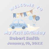 Pastel Blue Car with Balloons First Birthday ウィンドウサイン (シート)