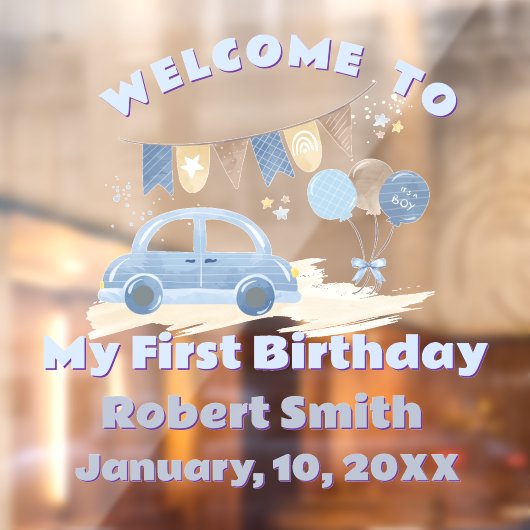Pastel Blue Car with Balloons First Birthday ウィンドウサイン (シート2)