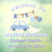 Pastel Blue Car with Balloons First Birthday ウィンドウサイン (シート3)