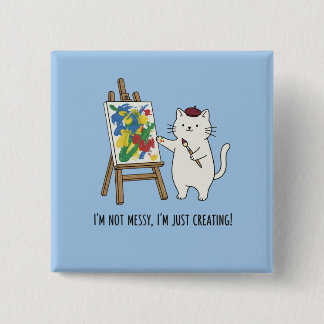 Pastel Blue Cat Artist Painting Abstract Messy 缶バッジ
