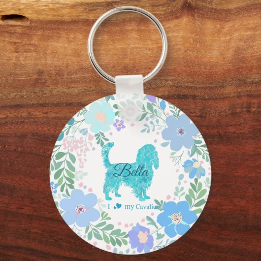 Pastel Blue Cavalier King Charles Spaniel Floral  キーホルダー (正面)