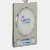 Pastel blue clouds stars purple happy birthday nam シルバープレートバナーオーナメント (右)