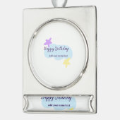 Pastel blue clouds stars purple happy birthday nam シルバープレートバナーオーナメント (左)