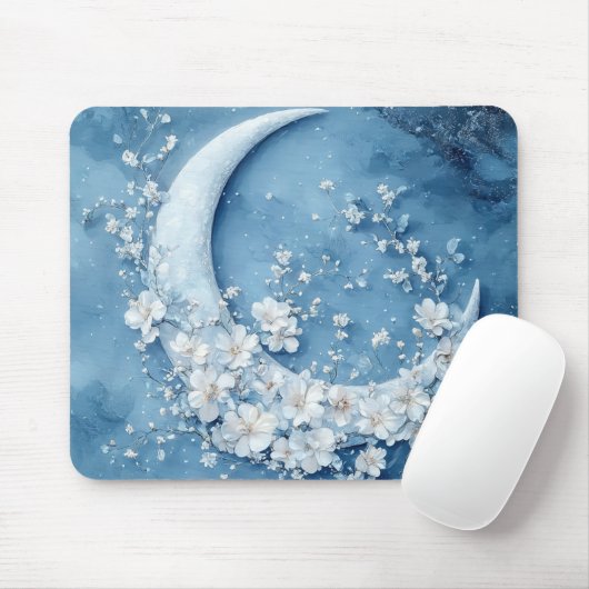 PASTEL BLUE CRESCENT MOON WITH WHITE FLOWERS マウスパッド (マウス)