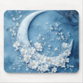 PASTEL BLUE CRESCENT MOON WITH WHITE FLOWERS マウスパッド (正面)