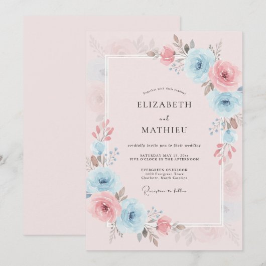Pastel Blue Dreamy Spring Wedding 招待状 (正面/裏面)