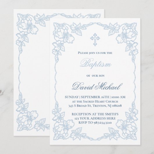 pastel blue elegant frame Baptism 招待状 (正面/裏面)