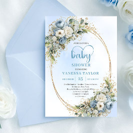 Pastel Blue Eucalyptus Floral Gold Baby Shower   招待状
