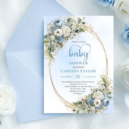 Pastel Blue Eucalyptus Floral Gold Baby Shower   招待状