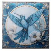 Pastel blue faux relief Art Nouveau Hummingbird L タイル (正面)