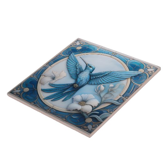 Pastel blue faux relief Art Nouveau Hummingbird L タイル (側面)