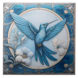 Pastel blue faux relief Art Nouveau Hummingbird R タイル