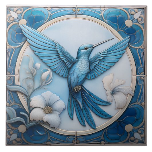 Pastel blue faux relief Art Nouveau Hummingbird R タイル (正面)