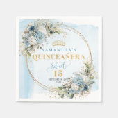 Pastel Blue Floral Eucalyptus 15th Birthday Napkin スタンダードカクテルナプキン (正面)
