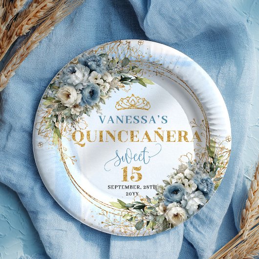 Pastel Blue Floral Eucalyptus Gold Custom Plates ペーパープレート