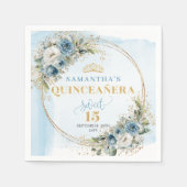 Pastel Blue Floral Gold 15th Birthday Napkins スタンダードカクテルナプキン (正面)