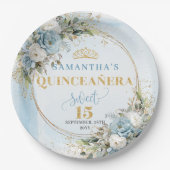 Pastel Blue Floral Greenery Gold Quinceañera Plate ペーパープレート (正面)