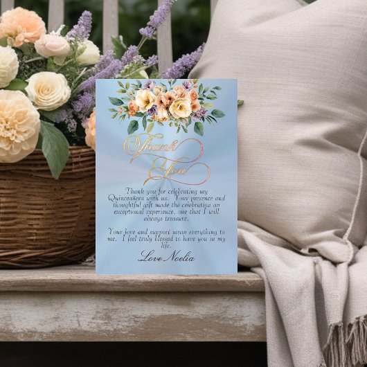 Pastel Blue - Floral & Silver Tiara Quinceanera サンキューカード