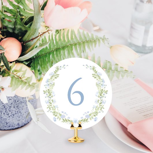 Pastel Blue Floral Wreath Whimsical Table Number 招待状