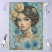 Pastel Blue Florals & Girl with Flower in Her Hair 薄葉紙 (クラフト)
