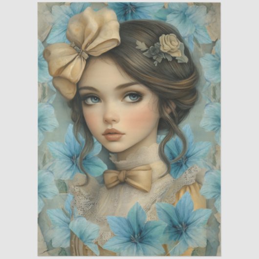 Pastel Blue Florals & Girl with Flower in Her Hair 薄葉紙 (正面)
