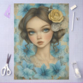Pastel Blue Florals & Girl with Flower in Her Hair 薄葉紙 (クラフト)