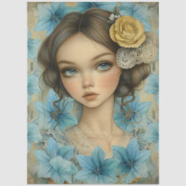 Pastel Blue Florals & Girl with Flower in Her Hair 薄葉紙