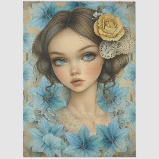 Pastel Blue Florals & Girl with Flower in Her Hair 薄葉紙 (正面)