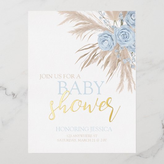 Pastel Blue Flower Baby Shower Invite 箔シーズンポストカード (正面)