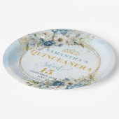 Pastel Blue Flowers Eucalyptus Gold Custom Quince  ペーパープレート (アングル)