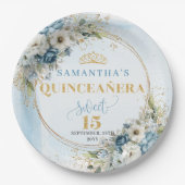 Pastel Blue Flowers Eucalyptus Gold Custom Quince  ペーパープレート (正面)