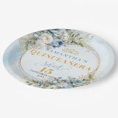 Pastel Blue Flowers Gold Custom Quinceañera Plates ペーパープレート (アングル)