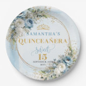 Pastel Blue Flowers Gold Custom Quinceañera Plates ペーパープレート (正面)