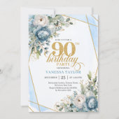 Pastel blue gold frame stylish floral 90 birthday 招待状 (正面)