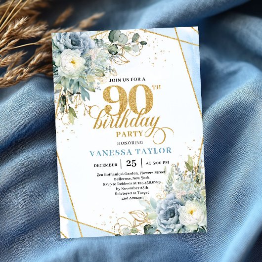 Pastel blue gold greenery luxe script 90 birthday 招待状