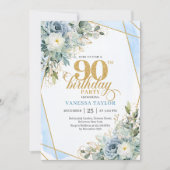 Pastel blue gold greenery luxe script 90 birthday 招待状 (正面)