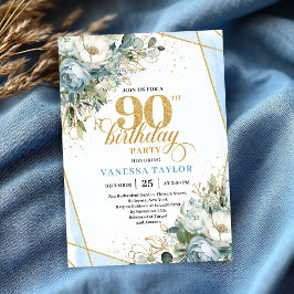 Pastel blue gold shimmer floral 90th birthday  招待状