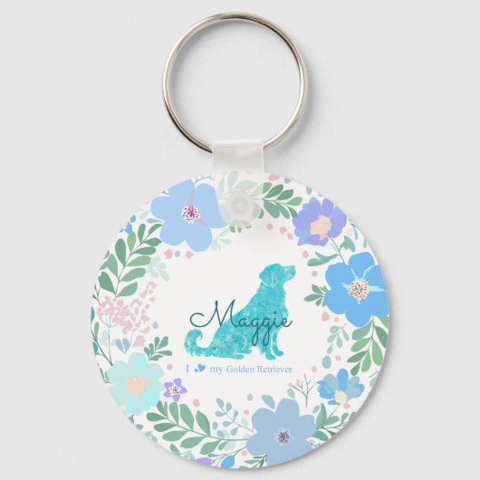 Pastel Blue Golden Retriever Floral Photo & Name キーホルダー (正面)
