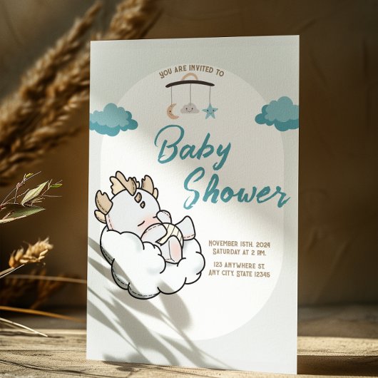 Pastel Blue Grey Sleeping Cloud Baby Dragon 招待状