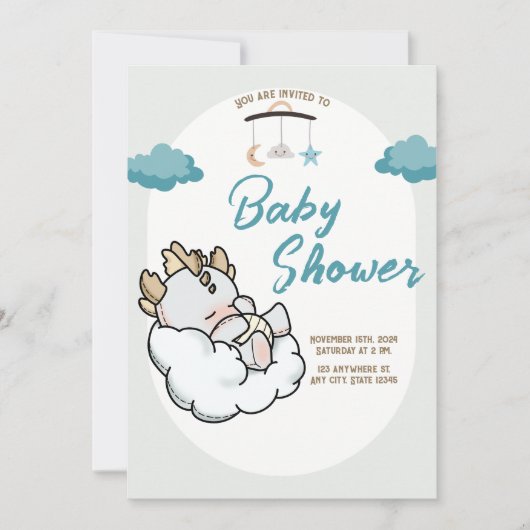 Pastel Blue Grey Sleeping Cloud Baby Dragon 招待状 (正面)