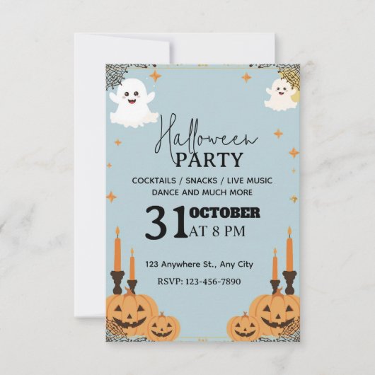 Pastel Blue Halloween Party Invitation – 編集可能 招待状 (正面)