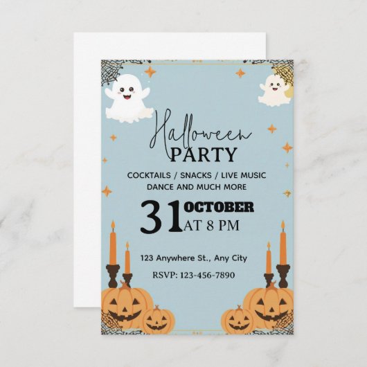 Pastel Blue Halloween Party Invitation – Editable  招待状 (正面/裏面)