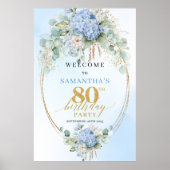 Pastel Blue Hydrangea Flowers 80 birthday welcome ポスター (正面)