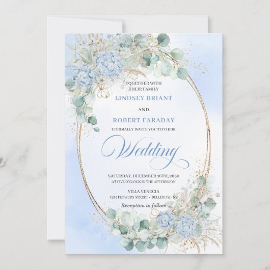 Pastel Blue Hydrangea Wheat Elegant Wedding Invite 招待状 (正面)
