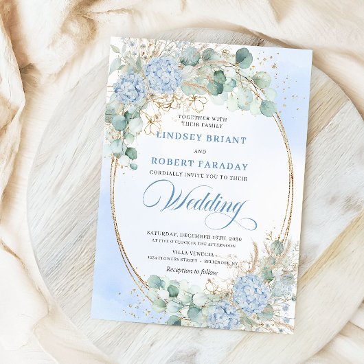 Pastel Blue Hydrangea Wheat Elegant Wedding Invite 招待状